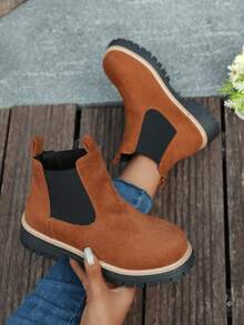 Women Platform Lug Sole Chelsea Boots,Faux Suede Elastic Side Slip‑On Ankle Booties,Ankle Booties,Daily Fashion Fall Winter Ankle Boots,Mid‑Calf Boots - Brown - View 5