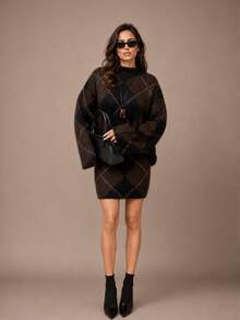 HZXVIC Women's Fashion Autumn New Collection Retro Elegant Diamond Grid High Collar Sweater Skirt Set Fall - Brown - View 1