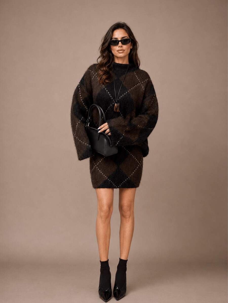 HZXVIC Women's Fashion Autumn New Collection Retro Elegant Diamond Grid High Collar Sweater Skirt Set Fall - Brown - View 1