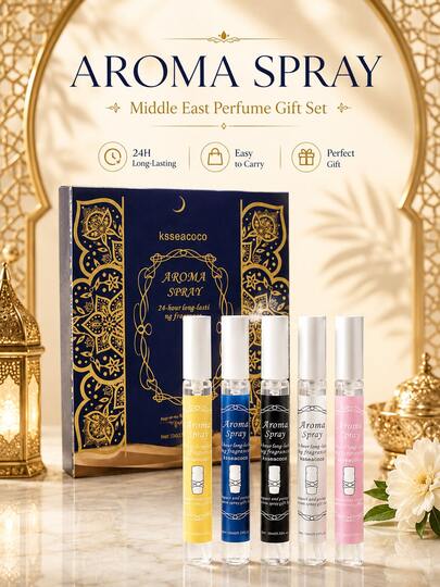 مجموعة هدايا عطر شرقي 5 قطع بحجم 10 مل، عطر خفيف طويل الأمد للرجال والنساء، عطر جيب بحجم السفر، رذاذ جسم عطري زهري فاكهي شرقي
