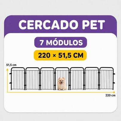 Cercado Pet Dobrável 7 Módulos 252x51cm de 1 a 10 Módulos Grade de Segurança para Cães Klicmix