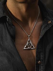 1 Buah Kalung Liontin Segitiga Mata Yang Maha Melihat untuk Pria Gaya Gothic Punk Vintage Streetwear Hadiah Pesta Sehari-hari - Antique Silver - View 3