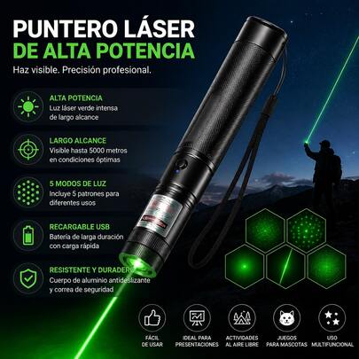 FUTUREM Linterna de luz verde, Portátil de alta potencia con carga USB para exteriores, Adecuado para Acampar, Caminar, Astronomía y Emergencia.