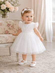Gaun Putri Baru untuk Anak Perempuan, Rok Mengembang dari Tulle, Gaun Pengiring Pengantin dengan Punggung Terbuka dan Pita, Cocok untuk Pakaian Kasual dan Pertunjukan. - Putih - View 4