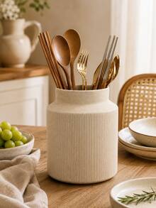 1pc Cream Ribbed Kitchen Utensil Holder, Large Capacity Utensil Crock For Spoons Forks Chopsticks Spatulas, Modern Farmhouse Countertop Organizer, Minimalist Kitchen Counter Decor - Multicolor - View 8
