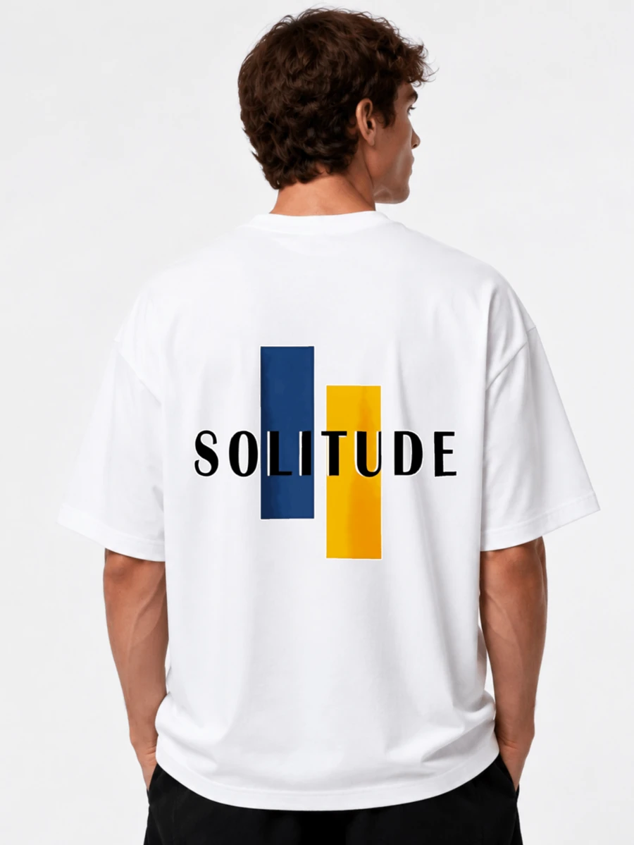 Men Oversized Cotton Short‑Sleeve Tee, Modern Retro Vibe,Back Minimal Blue Yellow Block Text Graphic Print Casual T‑Shirt - White - View 1