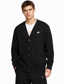 Nike 男士 V 領刺繡 Logo 長袖休閒針織開襟外套 - 黑色 - 查看 1