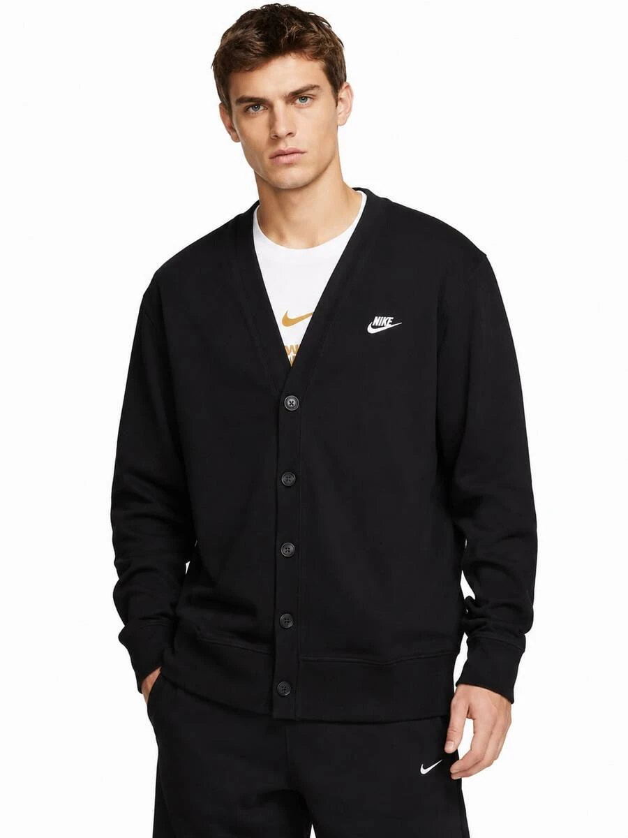 Nike 男士 V 領刺繡 Logo 長袖休閒針織開襟外套 - 黑色 - 查看 1