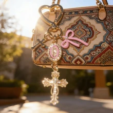 1pc Multi-Color Religious Cross Keychain, Decorated With Religious Love And Crystal Cross, Bag Charm, Bag Amulet, Pearl And Diamond, Cross Keychain, Bag Accessory, Cross Pendant, Wallet, Backpack Accessory, Earphone Case Accessory - Multicolor - View 3