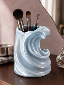 1pc Light Blue Wavy Makeup Brush Holder, Multifunctional Toothbrush & Toothpaste Rack, Fashion Bathroom Countertop Storage Cup, Suitable For Vanity, Bedroom And Home Decor, Bathroom Accessories, Toothbrush Holder, Brush Holder, Makeup Storage Rack - Multicolor - View 6