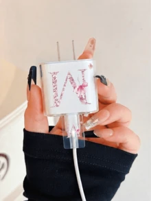極簡花卉蘋果充電器蝴蝶結造型保護套，適用 20W Apple 15 充電線保護套、16 Pro Max 手機數據線保護套、13/14 Plus 保護殼，防斷裂、防貓咬 - 粉紅櫻字母-M - 查看 4