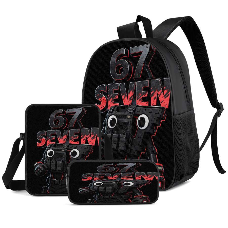 Cool Black Tactical Mecha Robot 2D Print 3-Piece Backpack Set, Large Capacity Backpack, Crossbody Bag, Pencil Case, Adjustable Wide Breathable Shoulder Straps, Side Mesh Pockets, Water Bottle Holder, Personalized Daily Commute Outdoor Storage Bag Set - Printed Bag - View 1