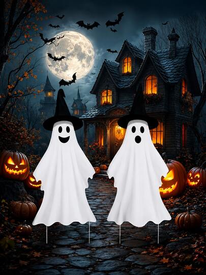 2 Cartelli da giardino a forma di fantasma per Ognissanti con 4 picchetti, fantasma con cappello da strega bianco, picchetti in plastica ondulata per prato, adatti per decorazioni di Ognissanti, cortile anteriore, giardino, veranda, casa stregata e decorazioni per feste, decorazioni esterne per Ognissanti