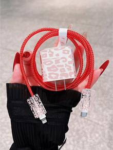 Sexy Leopard Print, Dopamine Pink Color Block Pattern, Paired With 1.4M Data Cable Protector Rope, Minimalist Apple Charger Protective Case, Compatible With 20W Phone 15 Charger, 16 ProMax Phone Cable Protector Cover, Anti-Bend, Anti-Cat Bite, Suitable For 13/14 Plus Data Cable Protector, Charger Protector. Christmas Gift - Pink - View 4