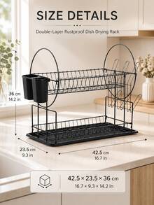 2-Tier Black Metal Rust-Resistant Dish Drying Rack With Side Cup Holder, Removable Utensil Caddy And Drain Tray, Space-Saving Kitchen Counter Organizer For Plates, Bowls, Glasses And Cutlery - Multicolor - View 1