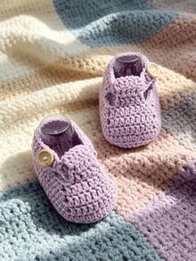 1 Pair Handmade Crochet Infant Boots, Red With Button Closure, Infant Shoes - Mauve Purple - View 3