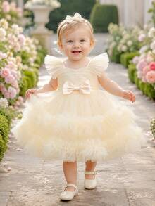 Baby Girl Princess Dress With Flutter Sleeves And Puff Skirt, Flower Girl Outfit For Evening Party, 1st Birthday, Baptism - Champagne - View 4
