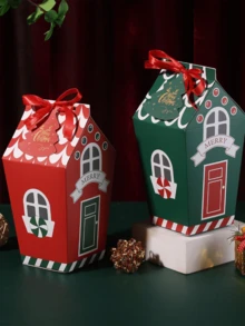 30pcs Red/Green Christmas House-Shaped Gift Box, Includes Red Ribbon And Christmas Tree Card. Ideal For Christmas Gift Wrapping, Table Decorations, Holiday Gift Wrapping, And Themed Party Decorations. Perfect For Christmas And Themed Parties. - Multicolor - View 8