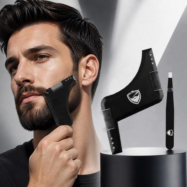 Beard Trimming & Styling Tool With Neckline Shaper, Professional Beard Trimming Guide Template, Built-In Comb, Men's Edge & Line Template, Compatible With Razor Or Tweezers