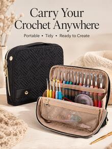 Multifunctional Crochet Hook Carrying Bag, Large Capacity Quilted Knit Needle Storage Pouch, Portable Zipper Handheld Organizer With Multiple Elastic Slots And Mesh Pockets, Suitable For Storing Various Crochet Hooks And Sewing Accessories, Ideal For Travel And Home Use - C-Multicolor Set - View 4