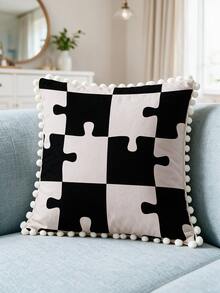 1PC Black White Puzzle Print Pillow Cover Pom Pom Tassel Edge Geometric Decorative Throw Pillow Sofa Couch Bedroom Home Decor - Multicolor - View 8