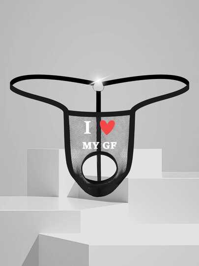 Men's Black Mesh Semi-Sheer Minimalist Letter & Heart Print Sexy Comfortable Breathable Elastic Waistband With Small Ring Decor Thong