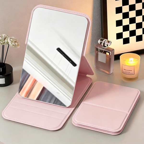 1/2pcs Portable Makeup Mirror, Solid Color, PU Leather, Minimalist Portable, Foldable, Cute Pocket Mirror, Birthday Graduation Gift, Home Decor, Back To School Room Decoration, School Supplies, Return To Campus