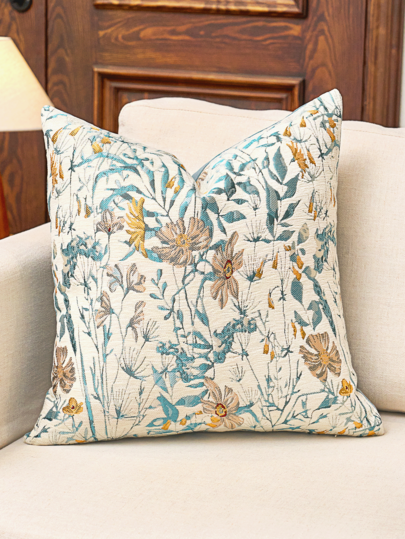 1pc Luxury Sofa Cushion Cover Without Pillow Insert, Misty Blue & Cream White French Country Wildflower Chenille + Textured Jacquard Vintage Style Throw Pillow Case, Decorative Pillow Sleeve For Home, Sofa, Bed, Bedroom, Living Room, Cafe, Showroom, Decor, Daily And Holiday Gatherings, Suitable For All Seasons
