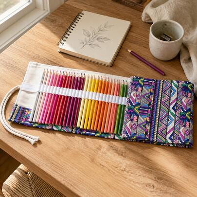 Handmade Canvas Pencil Roll Pouch, Large Capacity Roll‑Up Pen Case, Portable Colored Pencil Sketch Drawing Holder, Multifunctional Stationery Storage Bag, Art Supply Organizer For Boys Girls Student Artist Sketch Painting Travel Use