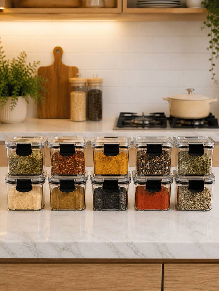 Kit Potes Herméticos Porta Mantimentos em Acrílico Cristal Transparente Organizador Empilhável para Cozinha Armazenar Cereais Grãos Massas Feijão Arroz Farinha Açúcar Café Temperos - Kit 10 Potes - Visão 1