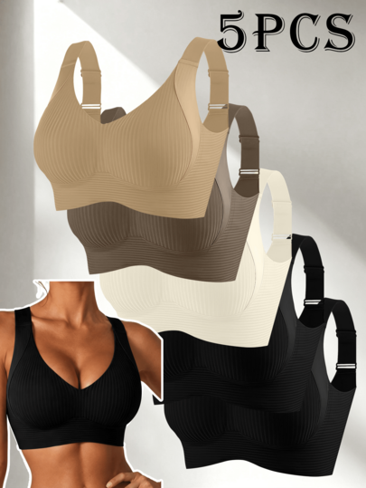 Talla Pequeña | 5 Piezas Sujetador Deportivo Sin Alambres de Soporte Suave a Rayas para Mujer, Cierre Trasero, Tirantes Ajustables, Almohadillas Removibles, Top Corto de Gimnasio Antidescolgamiento y Elevador