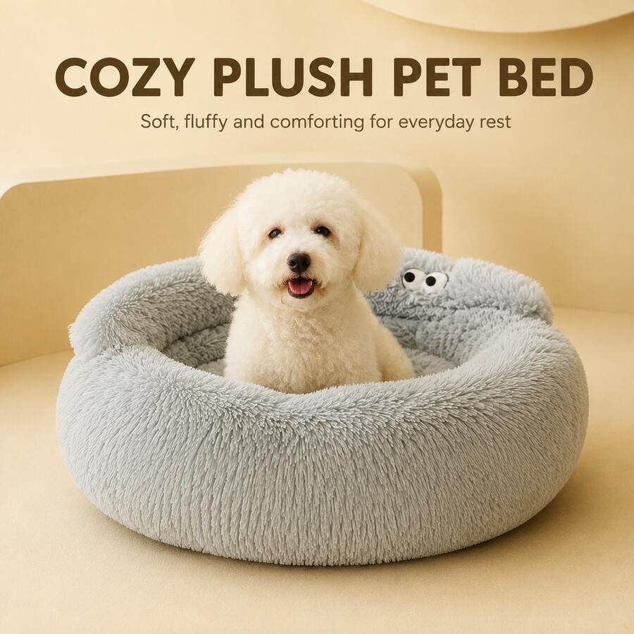 Comfortable Plush Sofa-Style Pet Bed, Suitable For Cats And Small Dogs, Soft Fluffy Round Cat & Dog Bed With Raised Edges, PP Cotton Filled Warm Sleeping Nest Mat, Indoor Pet Resting Bed - Light Grey - View 1