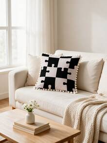 1PC Black White Puzzle Print Pillow Cover Pom Pom Tassel Edge Geometric Decorative Throw Pillow Sofa Couch Bedroom Home Decor - Multicolor - View 7