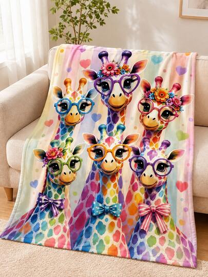 Cute Colorful Giraffe Blanket, Funny Giraffe With Glasses Floral Crown And Bow Tie, Rainbow Heart Animal Flannel Throw Blanket, Whimsical Decorative Throw For Bedroom Sofa Couch Dorm Living Room