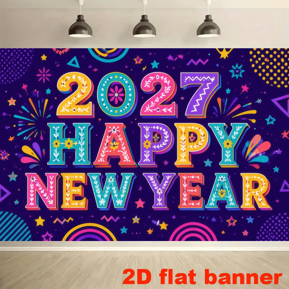 2D平面2027新年主題派對橫幅背景，含西班牙文新年祝福、煙火、香檳、迪斯可球、城市夜景元素，耐用聚酯纖維材質，無需電源，適用室內外新年慶祝，可作為牆面裝飾、拍照背景，適合家庭聚會、辦公室活動、戶外派對、攝影棚佈置、節日送禮，輕量易掛 - 1 - 查看 4
