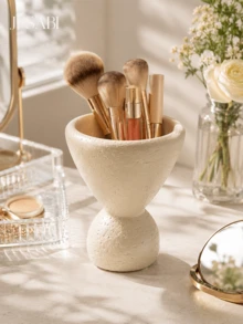 1pc Textured Cream Makeup Brush Holder, Abstract High-Footed Goblet Shaped Vanity Storage Box, 2-In-1 Cosmetic Organizer & Dried Flower Vase, Minimalist Wabi-Sabi Style Bathroom Vanity Home Decor - Stone Cave Storage - View 4