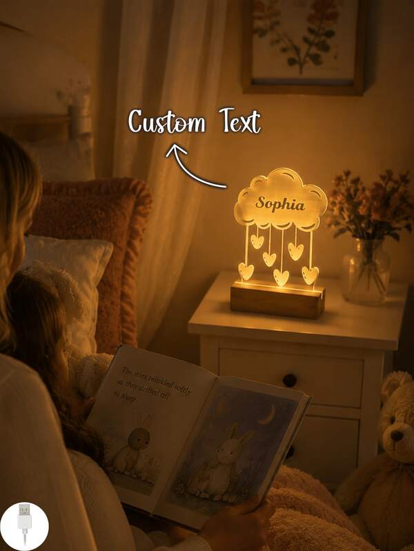 Custom Name Night Light Personalized Cloud Heart LED Lamp For Kids Nursery Wooden Base Engraved Acrylic Nameplate Bedside Lamp Bedroom Decor Cute Birthday Baby Shower Gift For Girls Boys