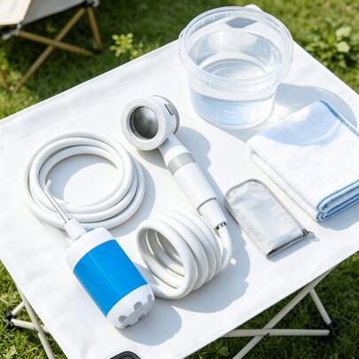 Lightweight Portable Shower Head, USB Rechargeable Camping Shower With Suction Cup & Hook, Ideal For Pet Grooming Kid Bathing Beach Outdoor Activities, Mesh Storage Bag Included