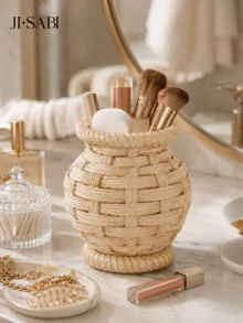 1pc Rattan‑Woven Style Vase Makeup Brush Holder, Boho Imitation Wicker Desk Organizer, Dual‑Purpose Decor Vase For Cosmetic Brushes, Pens, Dried Flowers, Vanity Table Home Desktop Decor,Makeup Organizer,Room Decor - Rattan Makeup Organizer - View 4