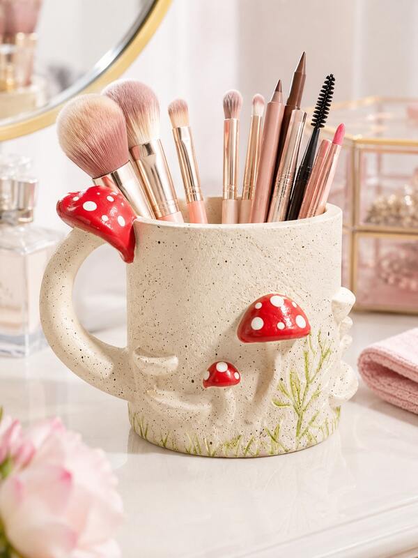 Mushroom Makeup Brush Holder, Cute Resin Cosmetic Organizer Cup, Vanity Storage Container For Girls, Aesthetic Makeup Brush Stand, Beauty Tool Storage, Kawaii Home Decor, Dressing Table Accessory, Bathroom Counter Organizer, Gift For Women