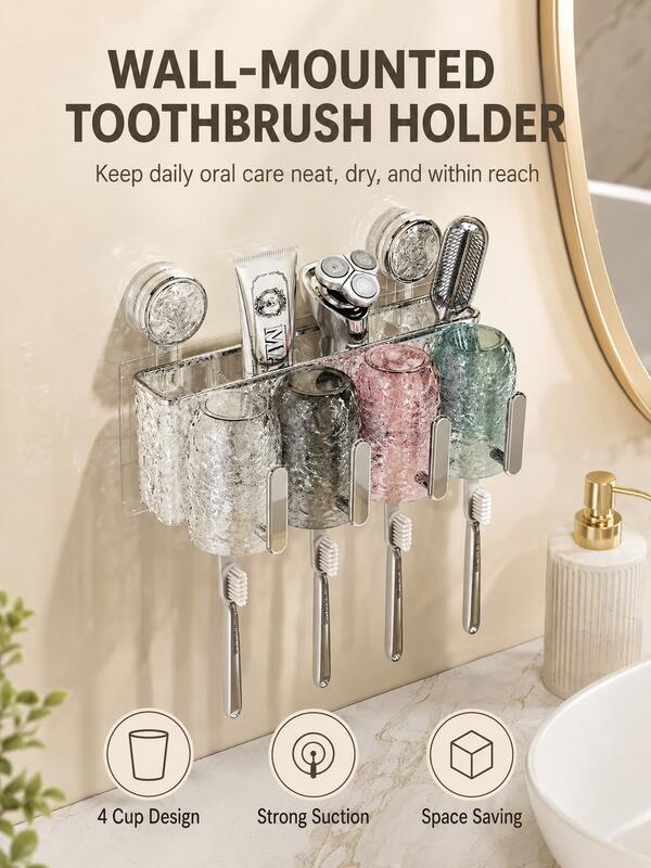 Suction Cup Toothbrush Holder Bathroom No-Drill 2025 New Style Wall-Mounted Toothbrush Cup Toothpaste Mouthwash Cup Rack