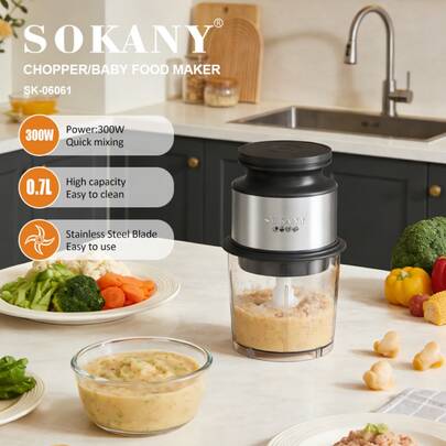 SOKANY 06061 Triturador de Ajo y Carne para el Hogar, Motor de 300W, Tazón de Vidrio de 0.7L, Cuchilla de Acero Inoxidable de 3 Aspas en Forma de S, Desmontaje con un Clic Fácil de Limpiar, Adecuado para Verduras, Carne, Ajo, Asistente Esencial de Procesamiento de Alimentos de Cocina