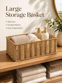1pc Faux Wicker Storage Basket, Rectangular Desktop Organizer, Essential Home Storage Box For Remote Control, Seasoning Bottles, Bathroom And Kitchen Sundries - Multicolor - View 2