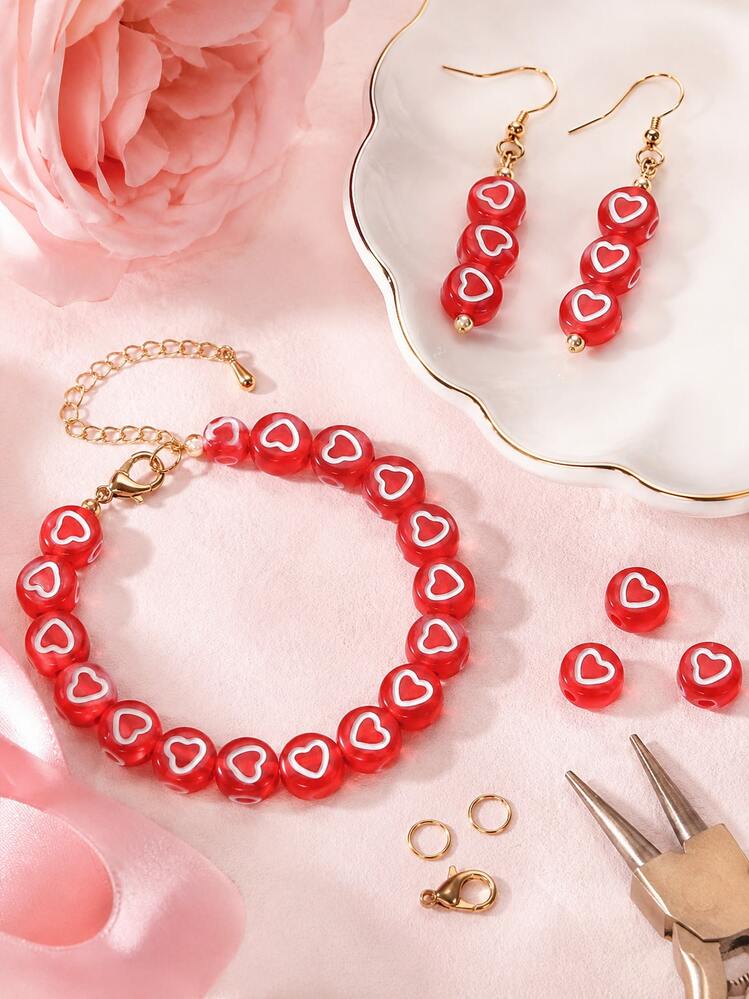 100-1000pcs Acrylic Heart Beads, Red With White Heart Pattern, For Jewelry Making, DIY Crafts - Red and White Love Heart - View 5