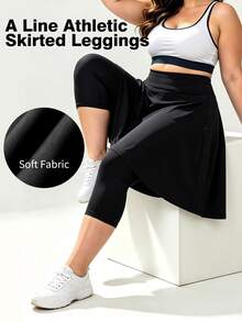 Plus Size Women's Minimalist Mid-Length Pants With Skirt- 2 Zipper Pockets - Cover-Up Sports Pants, Suitable For Sports And Daily Commute - Black - View 1