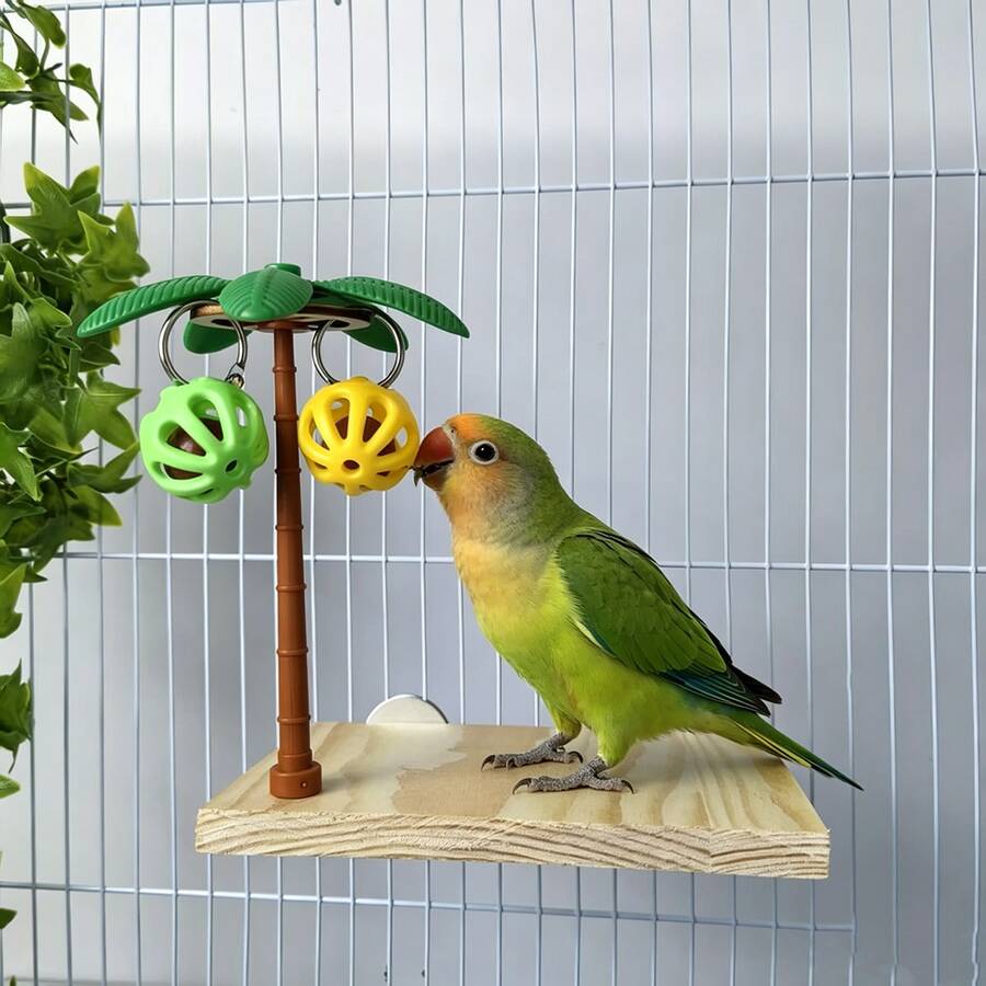 1pc Coconut Tree Shaped Bird Perch Stand, Decorative Parrot Bird Toy With Chewing Bell Ball, Boredom Relief Self-Entertainment Bird Stand, Perch, Cage Decoration For Budgies (Bell Ball Color Random) - A+B - View 1