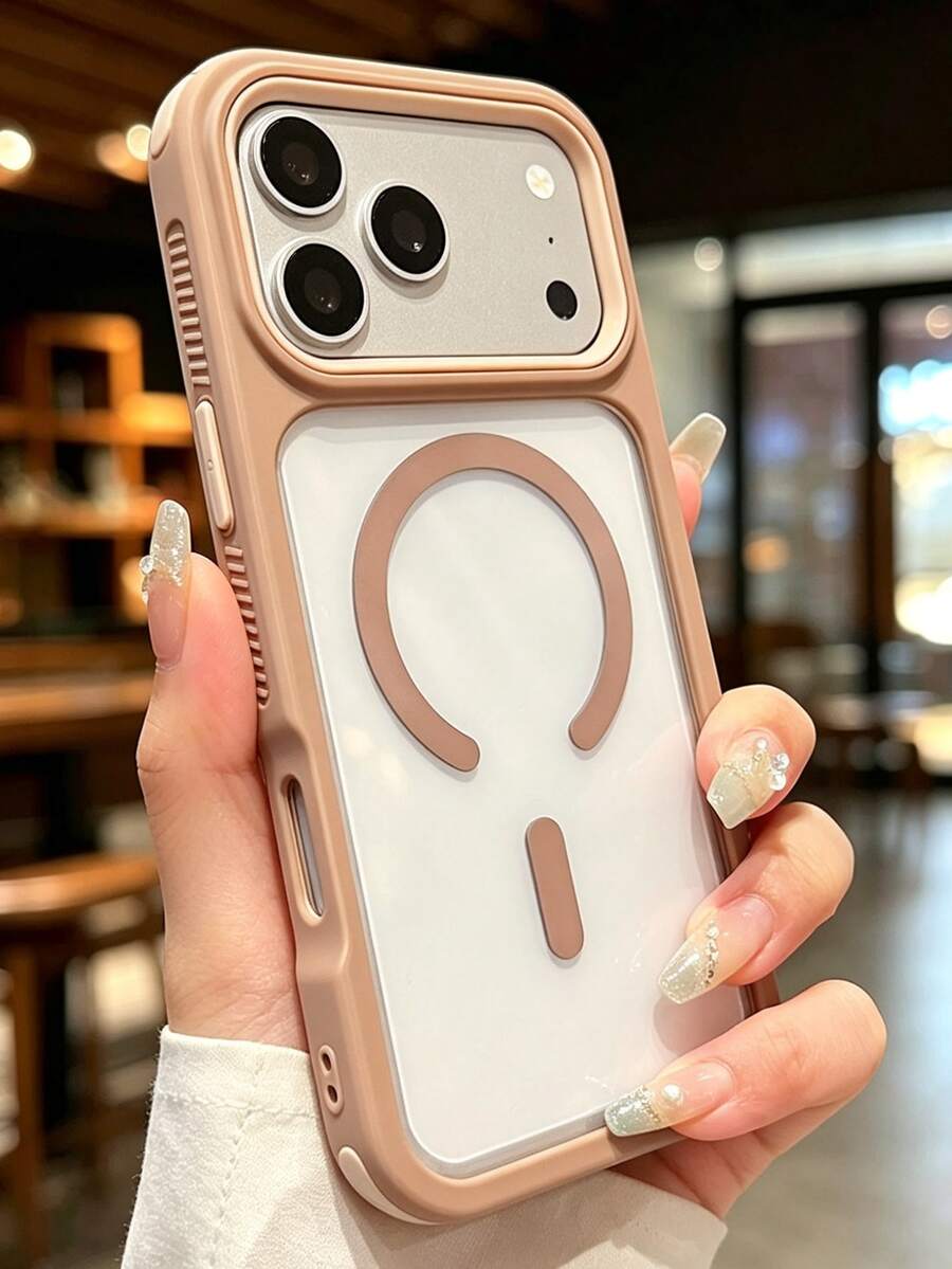Luxury Shockproof Anti-Drop 3-In-1 Magnetic Transparent Acrylic Phone Case With Short Strap, Compatible With IPhone 17 Pro Max 17 Pro 17 16 Pro Max 16 Pro 16 15 Pro Max 15 Pro 15 14 Pro Max 14 Pro 14 13 Pro Max 13 Pro 13 12 Pro Max 12 Pro 12 11, Supports Wireless Charging, High-Quality Shockproof Anti-Drop Protective Case - Brown - View 1