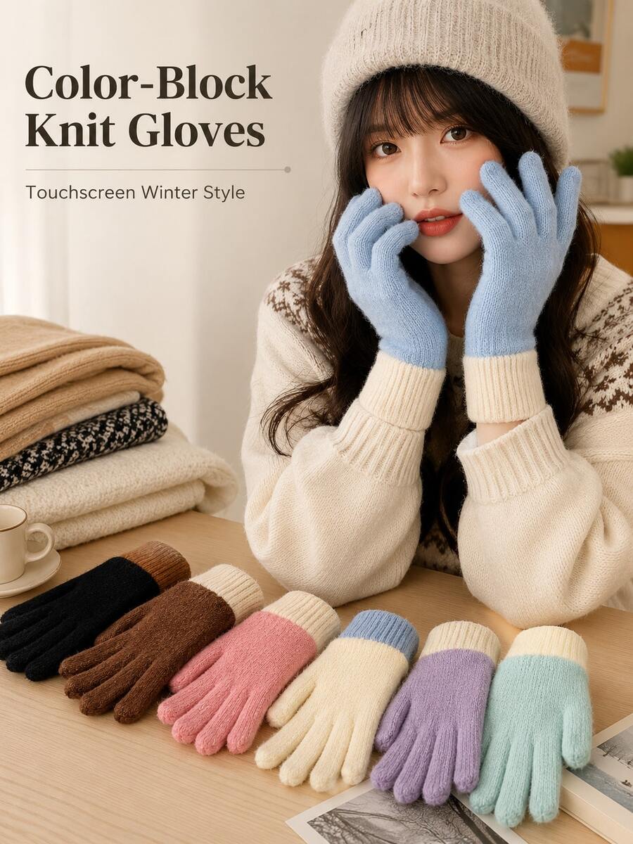 Cozy Colorblock Full-Finger Fuzzy Knit Gloves, Contrast Ribbed Cuffs, Finger Opening Touchscreen Design, Warm Winter Hand Gloves For Women, Daily Commute, Outdoor Walking, Travel, Christmas Parties, Holiday Gifts, Cold Weather Styling Looks