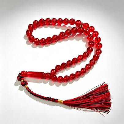 Muslim Prayer Beads Tasbih, Transparent Red Glossy Beads With Tassel, Handmade Islamic Religious Item Misbaha Decor, Suitable As Gift