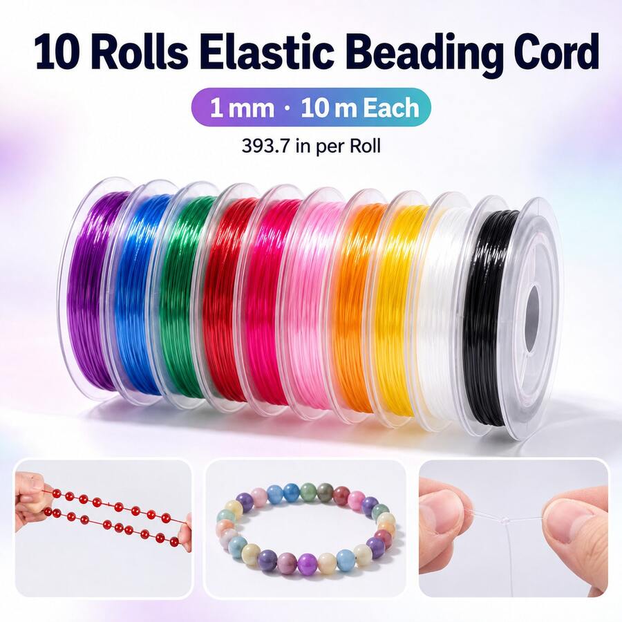 10 Gulungan Tali Elastis Aneka Warna 10m dengan Manik Kristal 1mm | Untuk Membuat Gelang dan Kalung DIY, Tali Perhiasan Elastisitas Tinggi dan Tahan Aus (393,7 Inci Per Gulungan) - Warna campuran - View 1